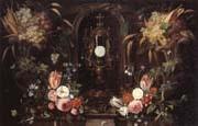 Still life of various flowers and grapes encircling a reliqu ary containing the host,set within a stone niche Jan Van Kessel